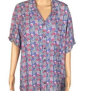 FLAX Vintage multicolor abstract 100% rayon crepe button down shirt Small EUC